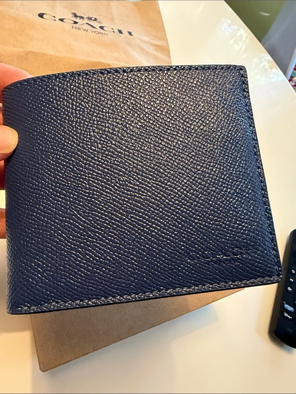 Coach Leather Bifold Wallet in Navy Blue